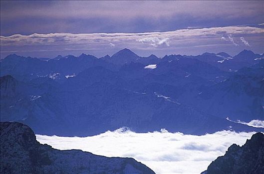 薄雾,云,顶端,山峦,阿尔卑斯山,巴伐利亚,德国,欧洲