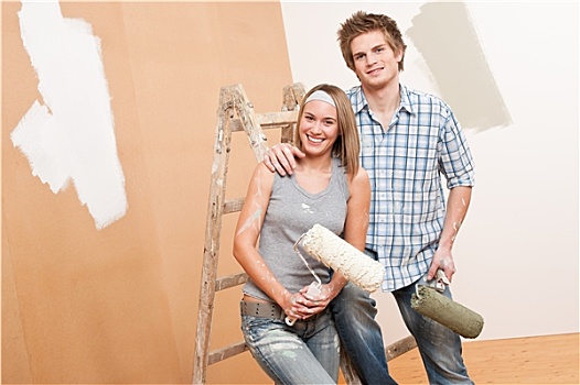 家庭装修,年轻,情侣,绘画,墙壁