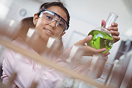 头像,小学生,拿着,绿色,化学品,烧杯,实验室,玻璃,科学
