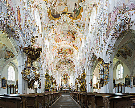 内景,教区教堂,寺院,洛可可风格,上巴伐利亚,巴伐利亚,德国,欧洲