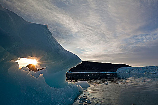 格陵兰,伊路利萨特,日落,子夜太阳,冰山,漂浮,靠近,冰河,迪斯科湾,海岸线,夏天,晚间