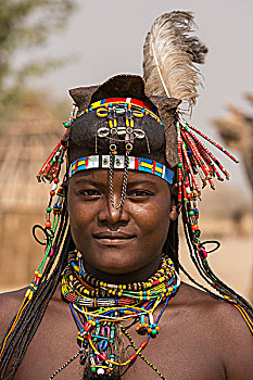 非洲,纳米比亚,女人,珠子,装饰,辛巴族,乡村,人