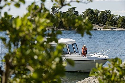 摩托艇,石头,斯德哥尔摩群岛,瑞典