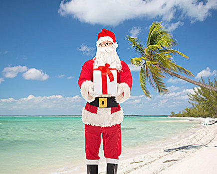圣诞节,休假,旅行,人,概念,男人,服饰,圣诞老人,礼盒,上方,热带沙滩,背景