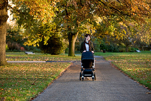 母亲,推,婴儿车,公园
