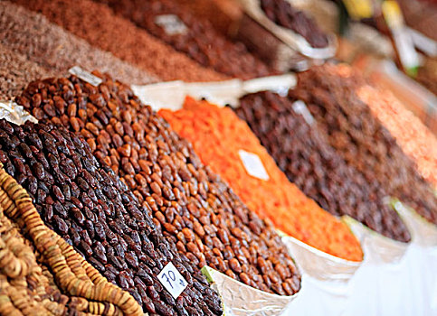 干燥,无花果,杏子,枣,展示,货摊,玛拉喀什,摩洛哥
