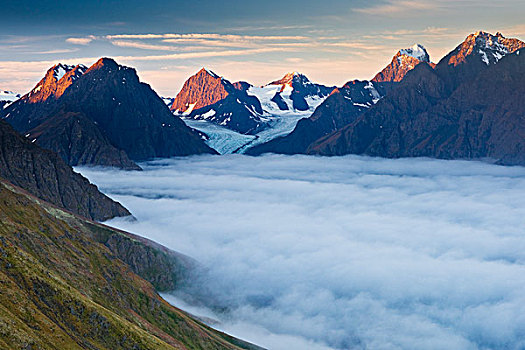 景色,雾,湖,山谷,冰河,顶峰,日落,楚加奇州立公园,阿拉斯加,秋天