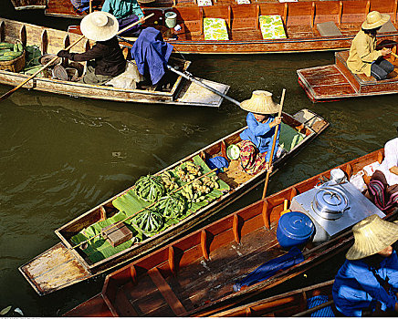 俯视,水上市场,丹能沙朵水上市场,泰国