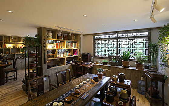茶楼,茶文化,室内,陈列,传统,古韵,案台,桌椅,窗格,茶室