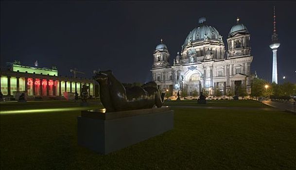 青铜,雕塑,正面,柏林大教堂,高兴,花园,柏林,德国,欧洲