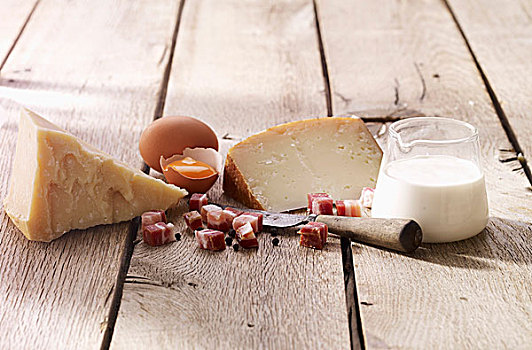 构图,帕米吉安诺-雷吉安诺奶酪,羊乳干酪,蛋,熏肉,奶油