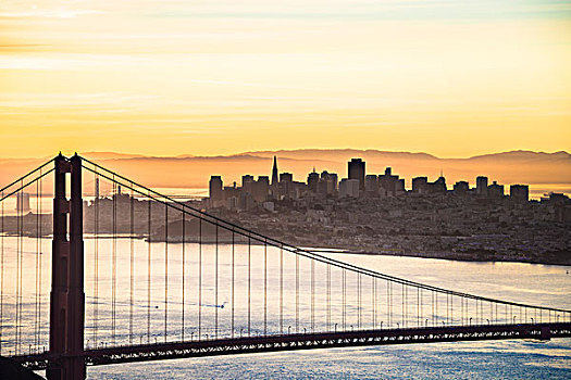 金门大桥,天际线,旧金山,日出,加利福尼亚,美国,北美