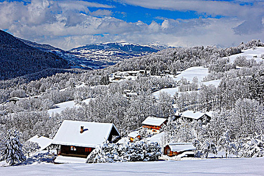 法国,隆河阿尔卑斯山省,阿尔卑斯山,上萨瓦省,木制屋舍,下雪,风景