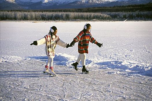 女孩,区域,湖,滑冰,雪,树,冬季,肖像,白色,冰