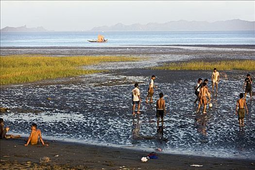 缅甸,若开邦,黄昏,青春,玩,足球,一个,潮汐,海滩