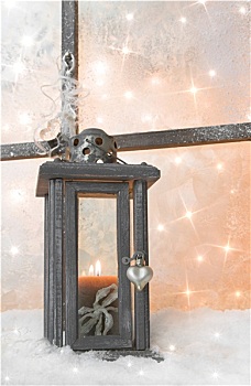 特写,木质,灯笼,窗台,圣诞节,贺卡