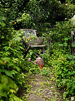篮子,木质,折叠椅,旧式,洒水壶,花园