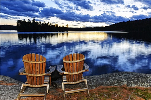 木椅,日落,湖,岸边