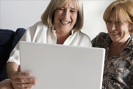 两个,老年,女人,看,笔记本电脑