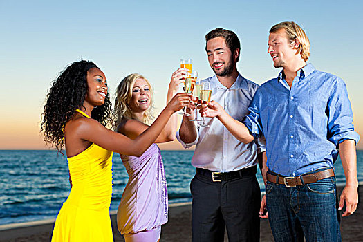 人,海滩,聚会,喝,很多,有趣,日落,戴着,机智,休闲服,香槟