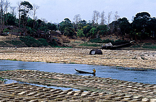 竹子,堆,向上,旁边,河,市场,孟加拉