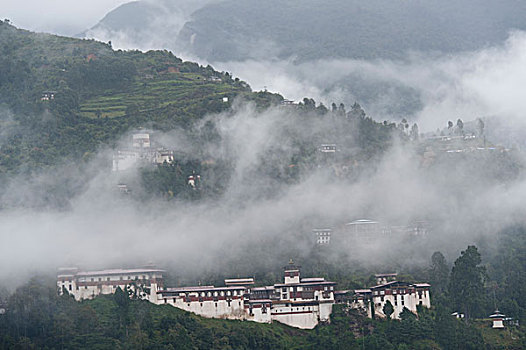 雾,上方,宗派寺院,不丹