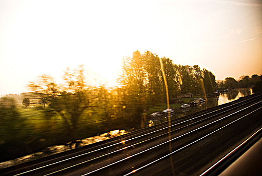 金色,日出,风景,剪影,树,太阳,反射,河,轨道,窗户,速度,户外,伦敦,英格兰,英国
