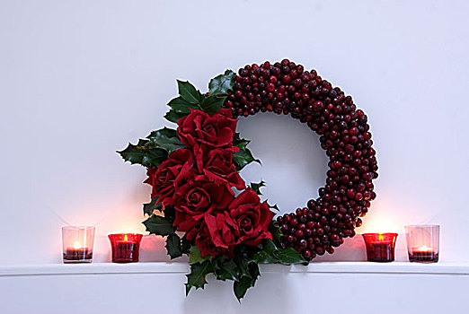 红色,圣诞花环,装饰,玫瑰,架子,罐