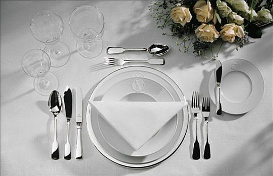一个,餐具摆放,玻璃器皿,白色,餐巾
