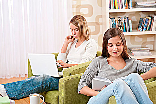 学生,两个,女青年,笔记本电脑,书本,现代,休闲