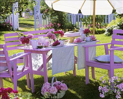 桌子,牡丹,蛋糕,花园