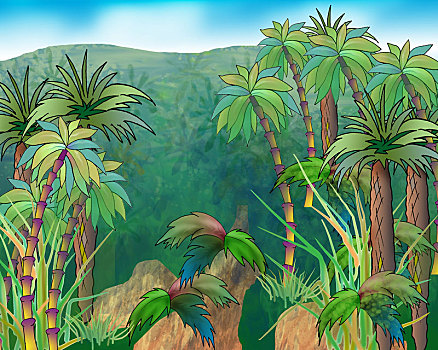 绿色,冠,棕榈树,背景,山