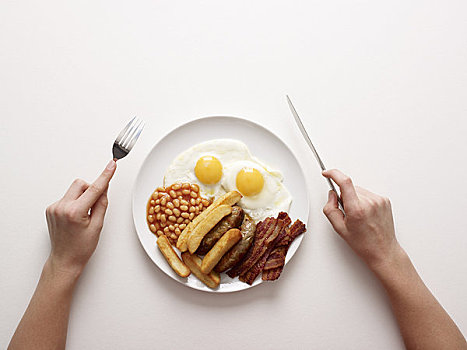 手,靠近,盘子,油炸,早餐