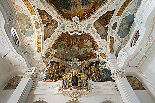 器官,阁楼,天花板,壁画,教堂,寺院,巴登符腾堡,德国,欧洲