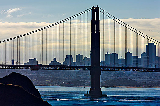 吊桥,湾,城市天际线,背景,金门大桥,旧金山湾,旧金山,加利福尼亚,美国