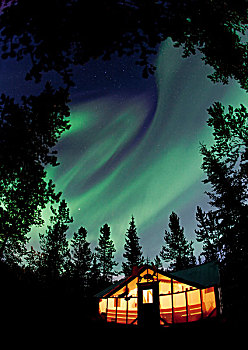 光亮,墙壁,帐蓬,小屋,螺旋,北极光,极地,绿色,靠近,育空地区,加拿大
