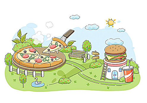 大,比萨饼,花园,汉堡包,冷饮