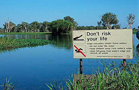 鳄鱼,警告,标识,北领地州,澳大利亚
