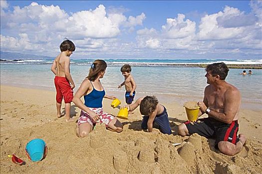 夏威夷,毛伊岛,婴儿,海滩,家庭,度假,建筑,沙堡