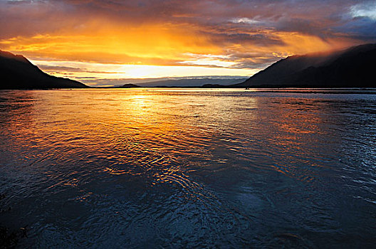 日落,上方,河,楚加奇山,阿拉斯加,美国,北美