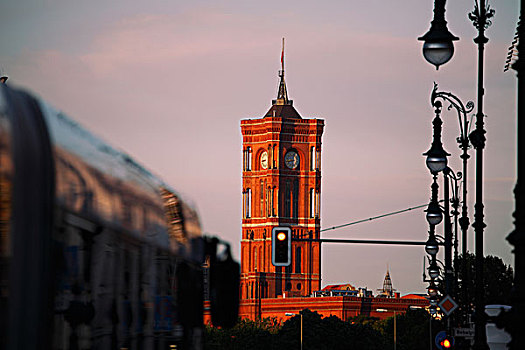 德国,柏林,市政厅,红色,钟楼