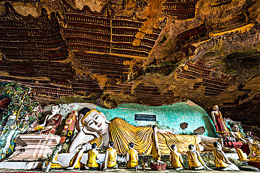 坐,卧佛,雕塑,洞穴,克伦邦,缅甸,亚洲