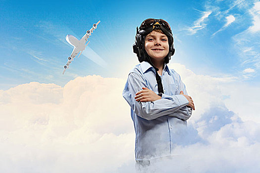图像,小男孩,飞行员,头盔,飞,飞机,背景