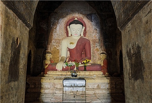 古老,坐佛,雕塑,蒲甘寺庙,缅甸