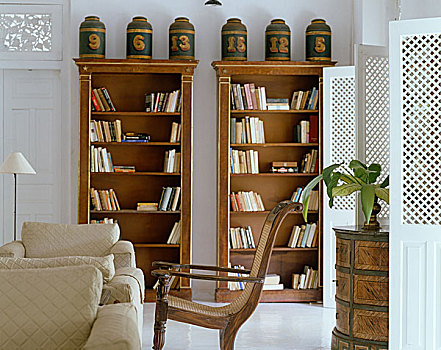 木椅,扶手椅,正面,书架