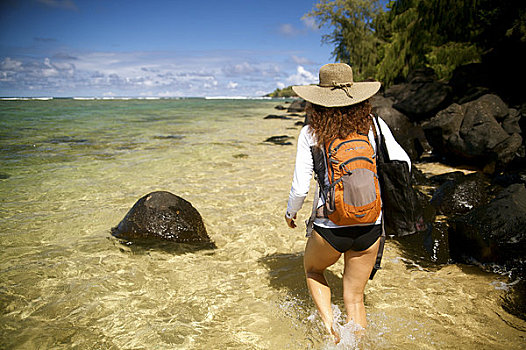 夏威夷,考艾岛,女人,远足,水
