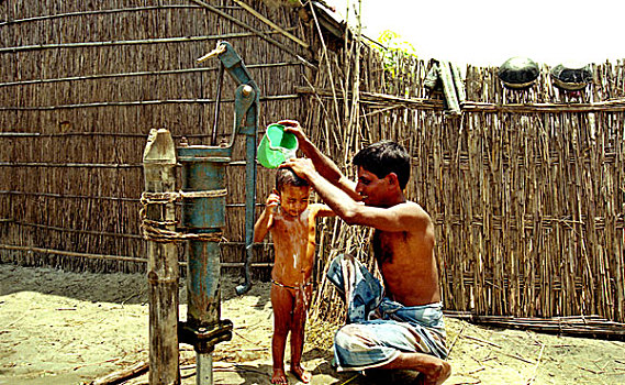 父亲,浴,幼儿,旁侧,房子,孟加拉,1998年