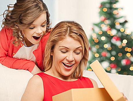 休假,礼物,圣诞节,圣诞,概念,高兴,母子,女孩,礼盒