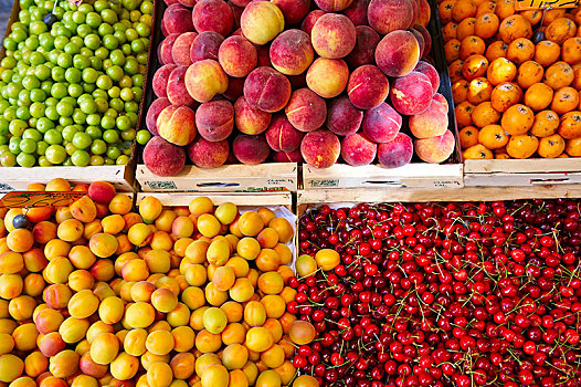新鲜,桃,杏子,樱桃,水果,市场货摊,锡罗斯岛,希腊,欧洲