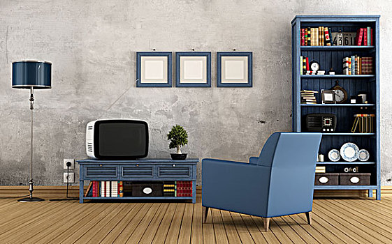 蓝色,旧式,客厅